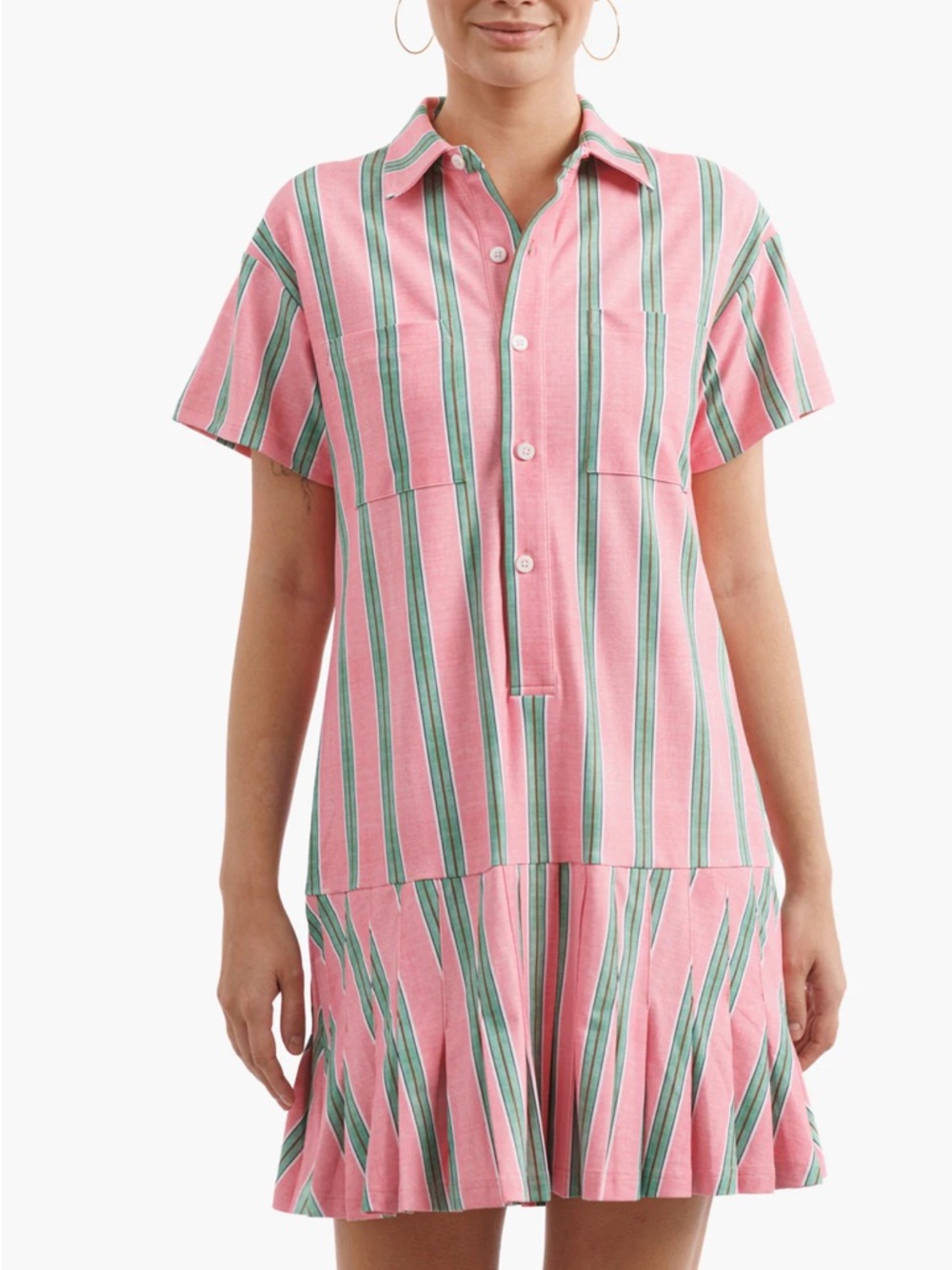 Pink & Green Striped Short Sleeve Mini Dress